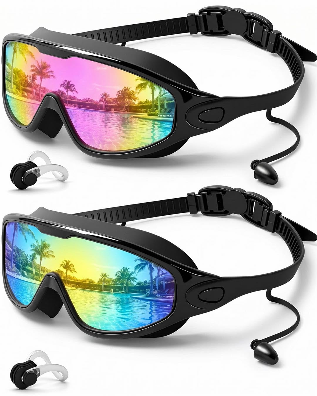 Swim Goggles 2 Pack, Wide View Anti Fog&UV Swimming Goggles for Audlt, No Leak Pool Beach Essentials for Men Women