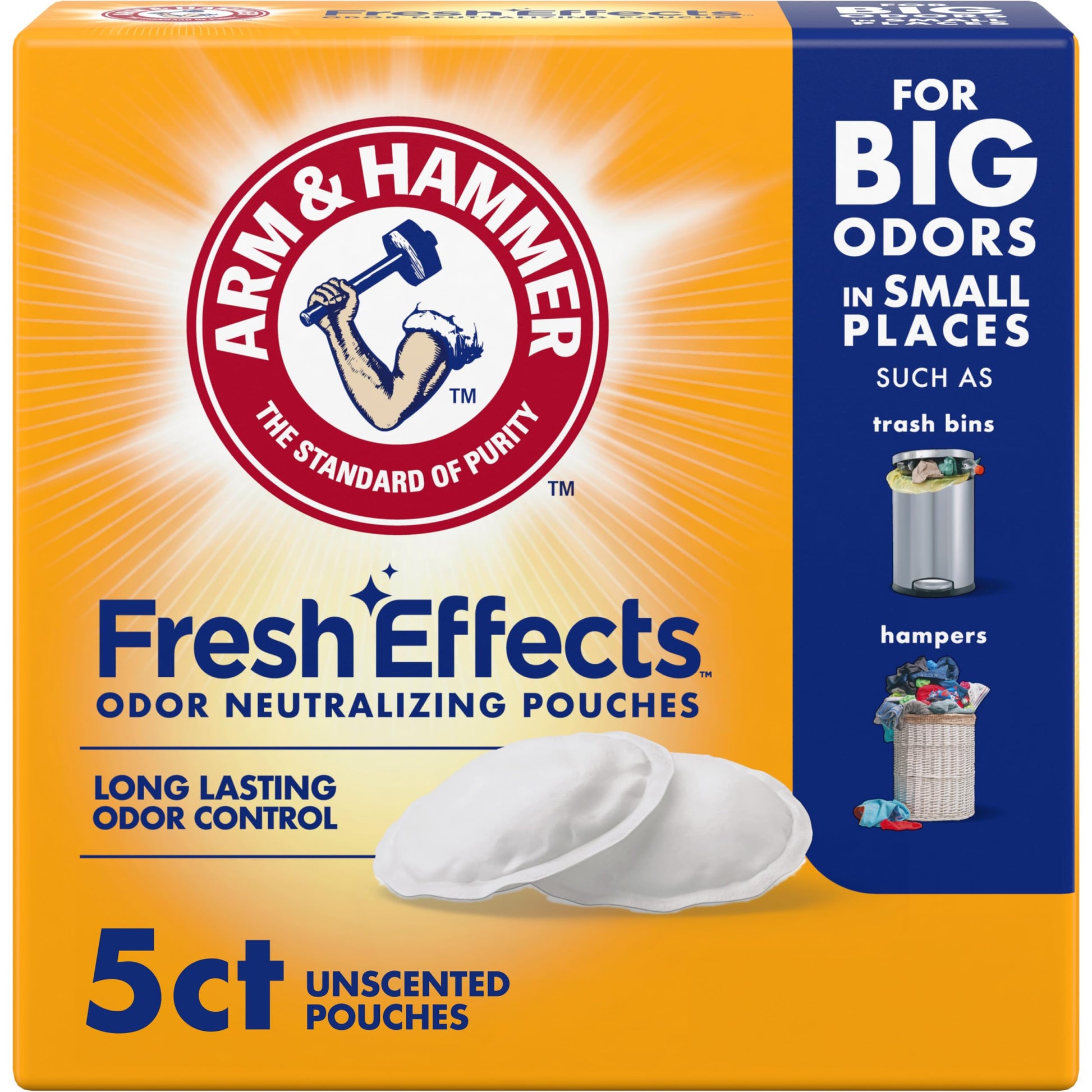 ARM & HAMMER Fresh Effects Odor Neutralizing Baking Soda Pouches, Long-Lasting Fragrance-Free Odor Absorber for Shoes, Cars, Home & Small Spaces, 5 Count