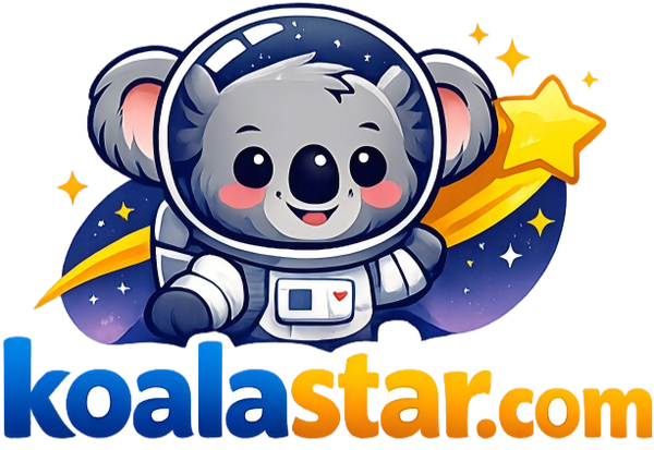 Cartoon koala in an astronaut suit with a star and 'koalastar.com' text on a white background